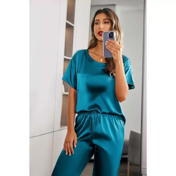 Ekouaer Womens Satin Silky Pajama Set Short Sleeve Shirt with Long Pajama Pant Set Soft PJ Loungewear01 Green