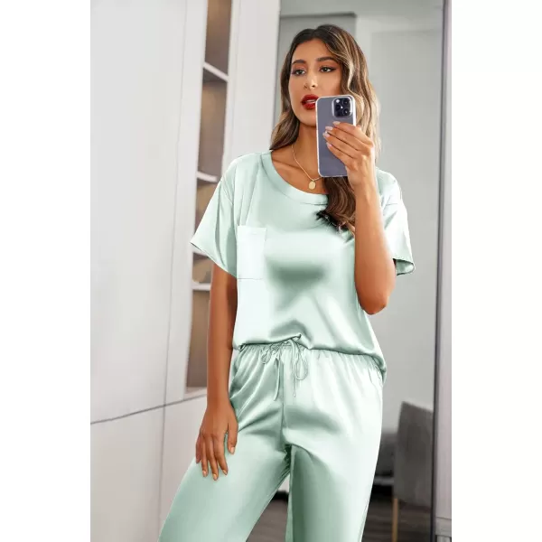 Ekouaer Womens Satin Silky Pajama Set Short Sleeve Shirt with Long Pajama Pant Set Soft PJ LoungewearAqua Green