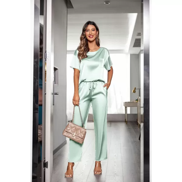 Ekouaer Womens Satin Silky Pajama Set Short Sleeve Shirt with Long Pajama Pant Set Soft PJ LoungewearAqua Green