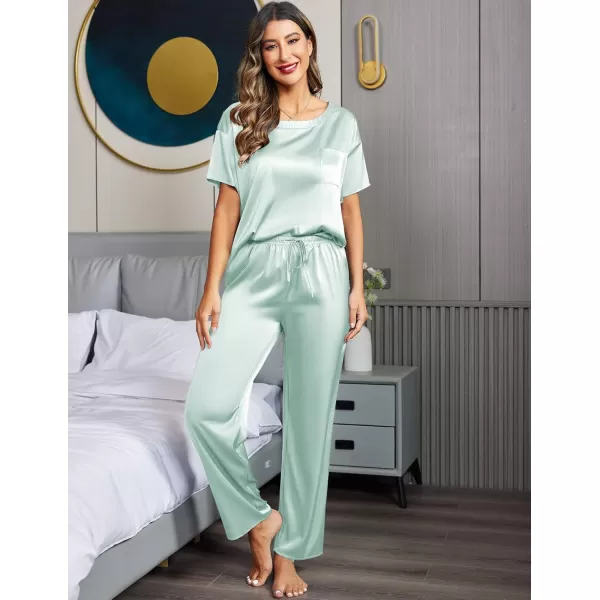 Ekouaer Womens Satin Silky Pajama Set Short Sleeve Shirt with Long Pajama Pant Set Soft PJ LoungewearAqua Green