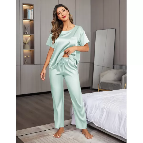 Ekouaer Womens Satin Silky Pajama Set Short Sleeve Shirt with Long Pajama Pant Set Soft PJ LoungewearAqua Green