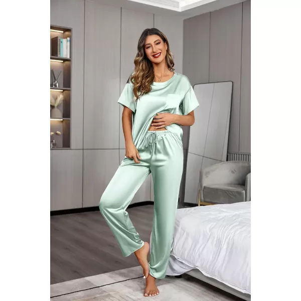 Ekouaer Womens Satin Silky Pajama Set Short Sleeve Shirt with Long Pajama Pant Set Soft PJ LoungewearAqua Green