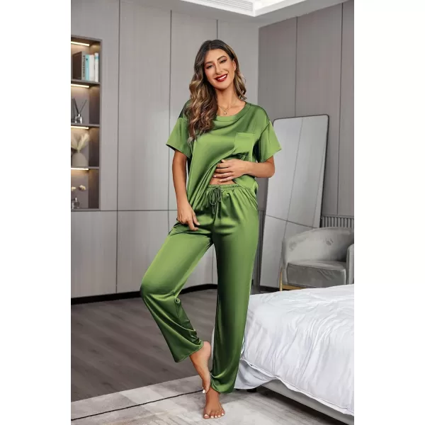 Ekouaer Womens Satin Silky Pajama Set Short Sleeve Shirt with Long Pajama Pant Set Soft PJ LoungewearArmy Green