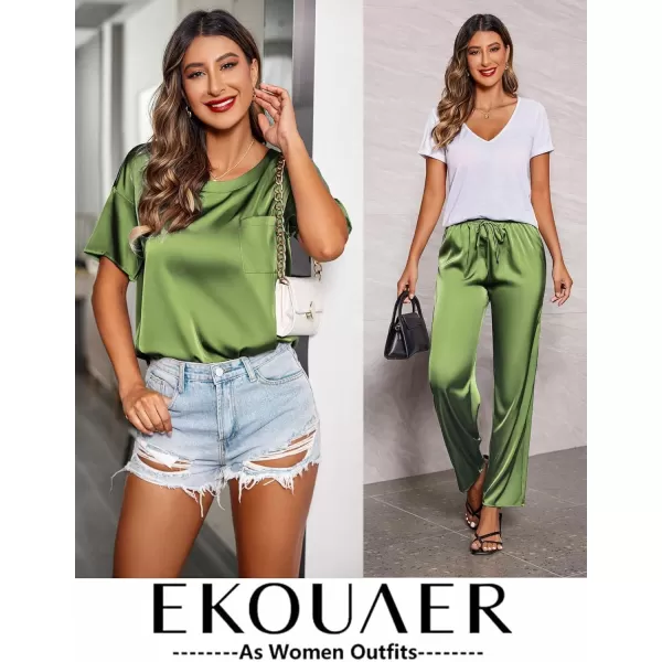 Ekouaer Womens Satin Silky Pajama Set Short Sleeve Shirt with Long Pajama Pant Set Soft PJ LoungewearArmy Green