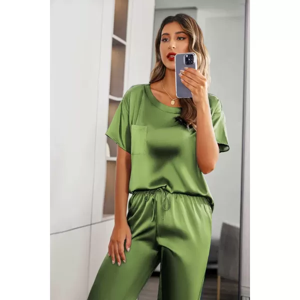 Ekouaer Womens Satin Silky Pajama Set Short Sleeve Shirt with Long Pajama Pant Set Soft PJ LoungewearArmy Green