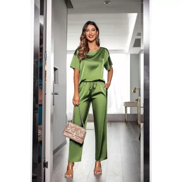 Ekouaer Womens Satin Silky Pajama Set Short Sleeve Shirt with Long Pajama Pant Set Soft PJ LoungewearArmy Green