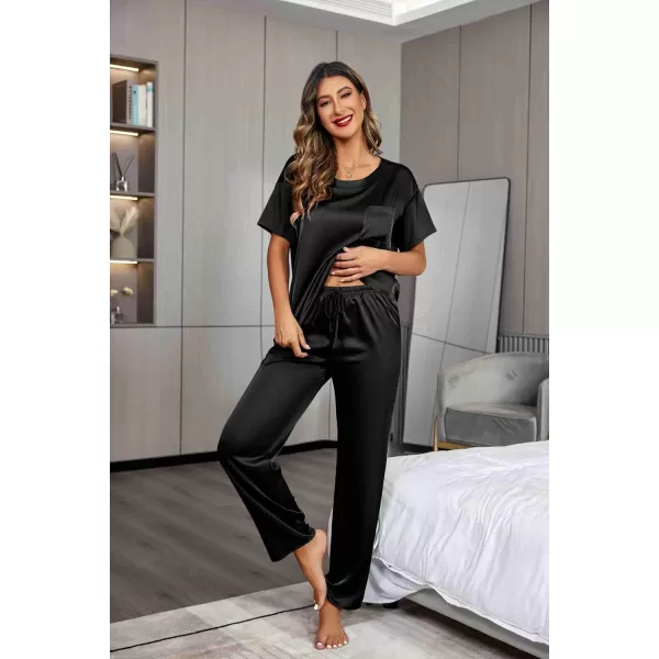 Ekouaer Womens Satin Silky Pajama Set Short Sleeve Shirt with Long Pajama Pant Set Soft PJ LoungewearBlack