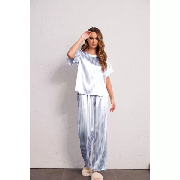 Ekouaer Womens Satin Silky Pajama Set Short Sleeve Shirt with Long Pajama Pant Set Soft PJ LoungewearBlue Stripes