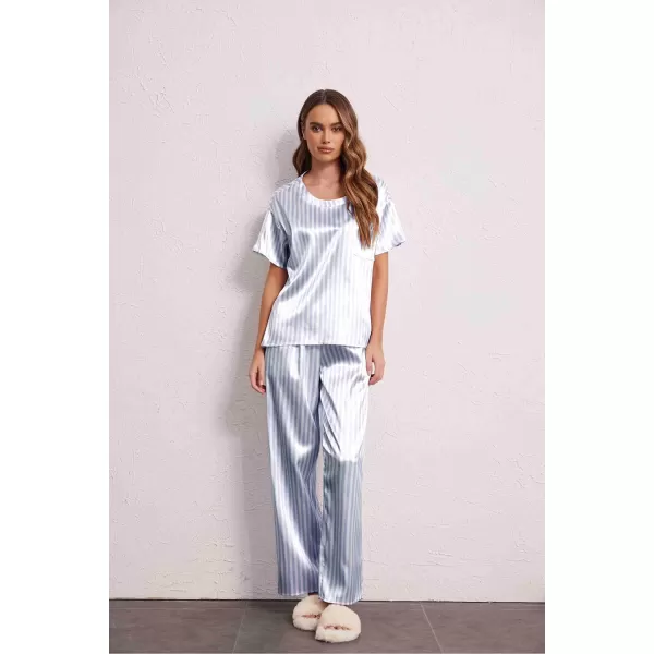 Ekouaer Womens Satin Silky Pajama Set Short Sleeve Shirt with Long Pajama Pant Set Soft PJ LoungewearBlue Stripes