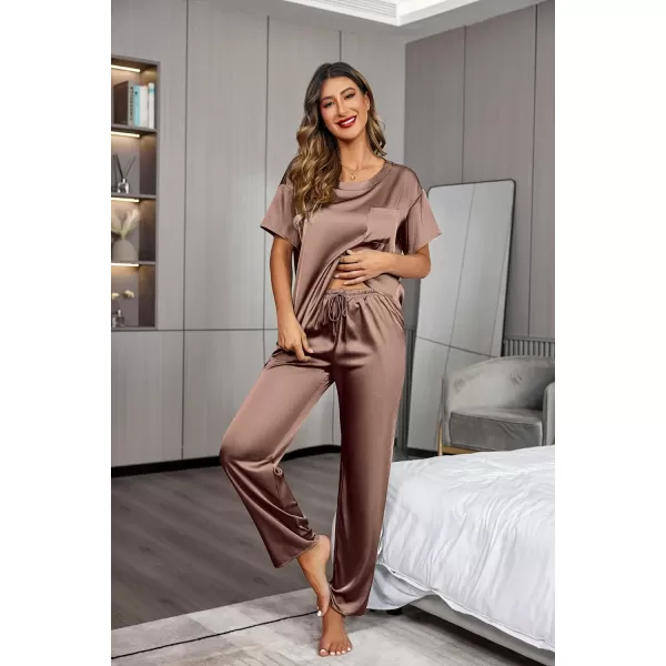 Ekouaer Womens Satin Silky Pajama Set Short Sleeve Shirt with Long Pajama Pant Set Soft PJ LoungewearBrown