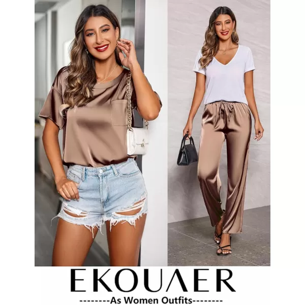 Ekouaer Womens Satin Silky Pajama Set Short Sleeve Shirt with Long Pajama Pant Set Soft PJ LoungewearBrown