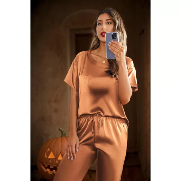 Ekouaer Womens Satin Silky Pajama Set Short Sleeve Shirt with Long Pajama Pant Set Soft PJ LoungewearCaramel