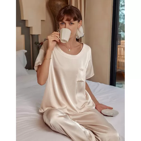 Ekouaer Womens Satin Silky Pajama Set Short Sleeve Shirt with Long Pajama Pant Set Soft PJ LoungewearChampagne