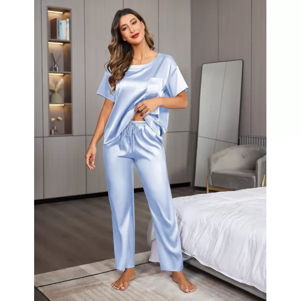 Ekouaer Womens Satin Silky Pajama Set Short Sleeve Shirt with Long Pajama Pant Set Soft PJ LoungewearClear Blue