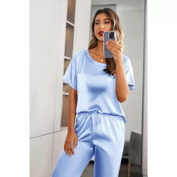 Ekouaer Womens Satin Silky Pajama Set Short Sleeve Shirt with Long Pajama Pant Set Soft PJ LoungewearClear Blue