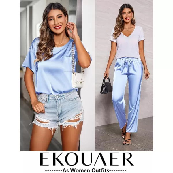 Ekouaer Womens Satin Silky Pajama Set Short Sleeve Shirt with Long Pajama Pant Set Soft PJ LoungewearClear Blue