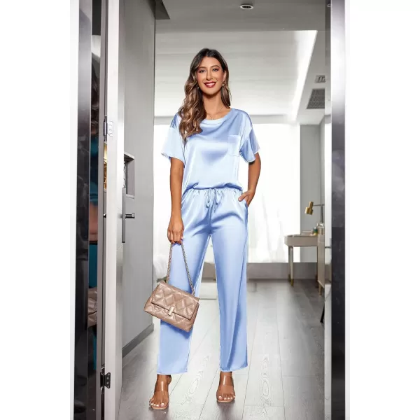 Ekouaer Womens Satin Silky Pajama Set Short Sleeve Shirt with Long Pajama Pant Set Soft PJ LoungewearClear Blue