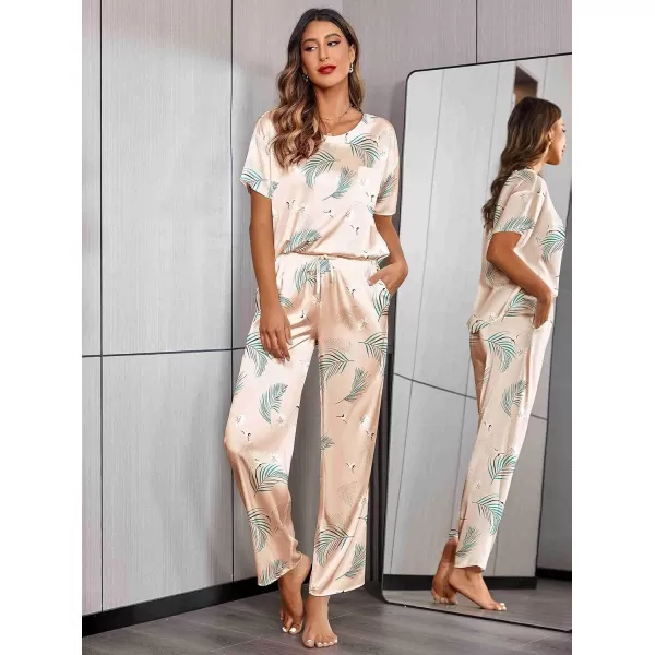 Ekouaer Womens Satin Silky Pajama Set Short Sleeve Shirt with Long Pajama Pant Set Soft PJ LoungewearCrane