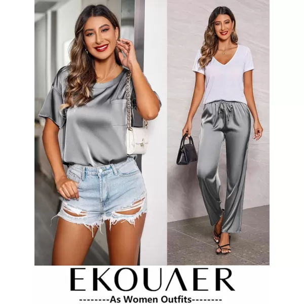 Ekouaer Womens Satin Silky Pajama Set Short Sleeve Shirt with Long Pajama Pant Set Soft PJ LoungewearDark Gray