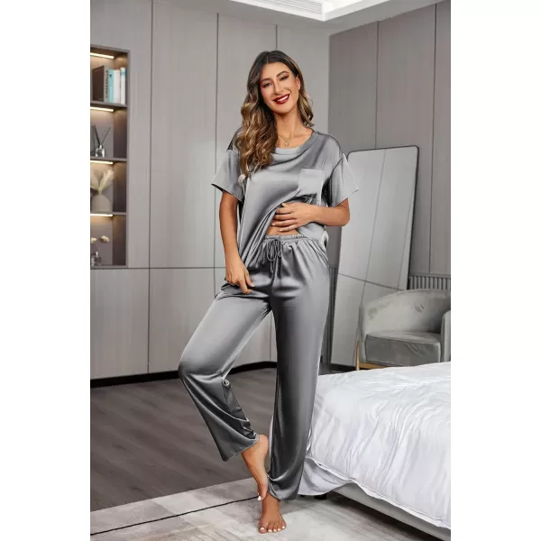 Ekouaer Womens Satin Silky Pajama Set Short Sleeve Shirt with Long Pajama Pant Set Soft PJ LoungewearDark Gray