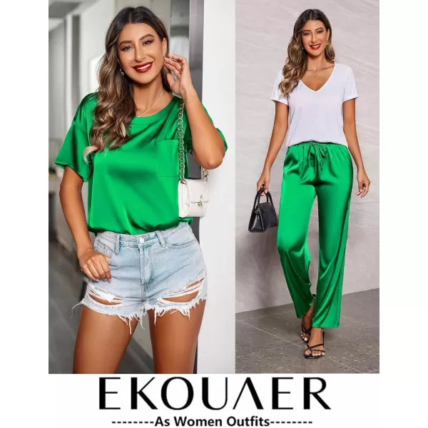 Ekouaer Womens Satin Silky Pajama Set Short Sleeve Shirt with Long Pajama Pant Set Soft PJ LoungewearFresh Green