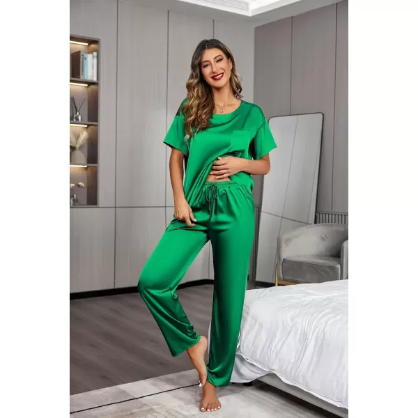 Ekouaer Womens Satin Silky Pajama Set Short Sleeve Shirt with Long Pajama Pant Set Soft PJ LoungewearFresh Green