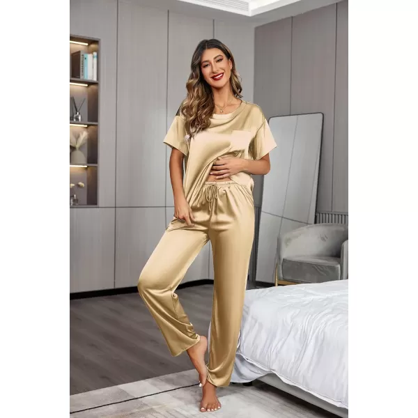 Ekouaer Womens Satin Silky Pajama Set Short Sleeve Shirt with Long Pajama Pant Set Soft PJ LoungewearGold