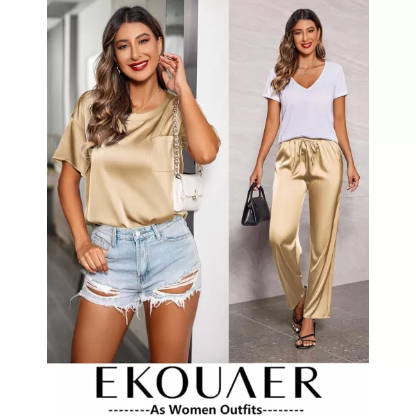 Ekouaer Womens Satin Silky Pajama Set Short Sleeve Shirt with Long Pajama Pant Set Soft PJ LoungewearGold