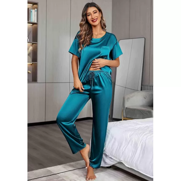 Ekouaer Womens Satin Silky Pajama Set Short Sleeve Shirt with Long Pajama Pant Set Soft PJ LoungewearGreen