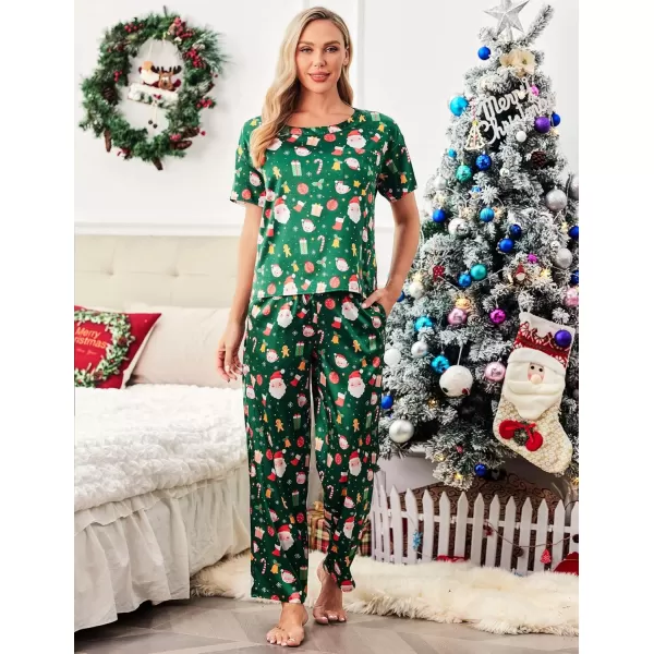 Ekouaer Womens Satin Silky Pajama Set Short Sleeve Shirt with Long Pajama Pant Set Soft PJ LoungewearGreen Christmas