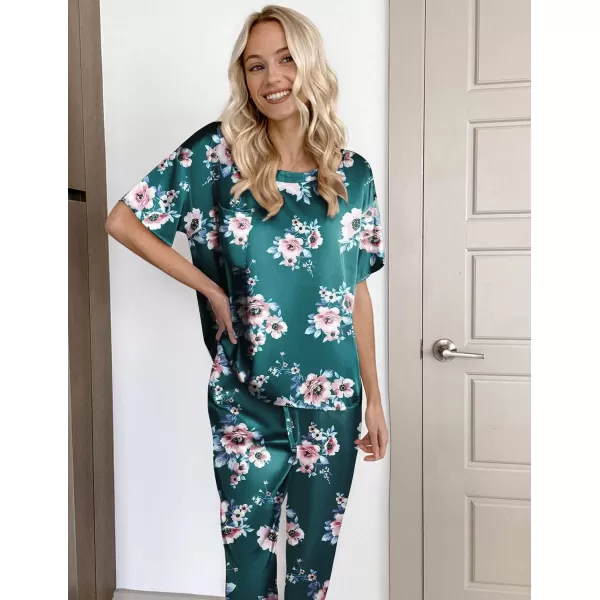 Ekouaer Womens Satin Silky Pajama Set Short Sleeve Shirt with Long Pajama Pant Set Soft PJ LoungewearGreen Floral