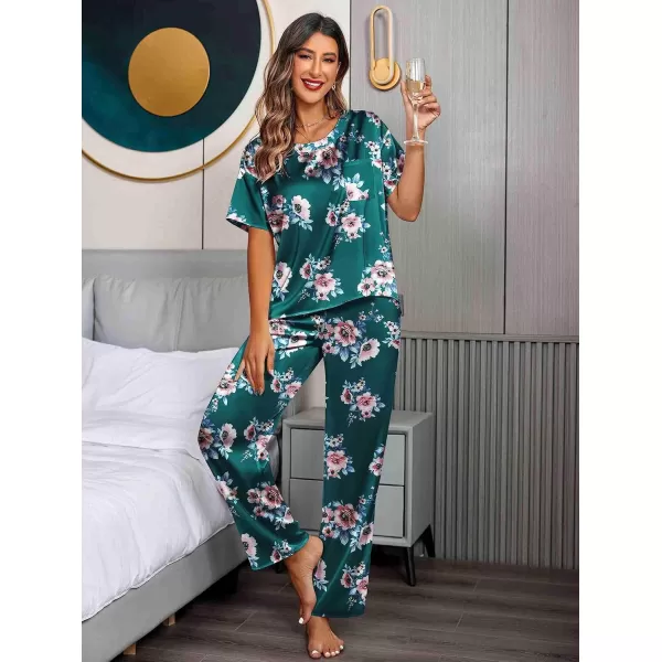 Ekouaer Womens Satin Silky Pajama Set Short Sleeve Shirt with Long Pajama Pant Set Soft PJ LoungewearGreen Floral