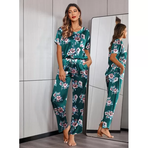 Ekouaer Womens Satin Silky Pajama Set Short Sleeve Shirt with Long Pajama Pant Set Soft PJ LoungewearGreen Floral