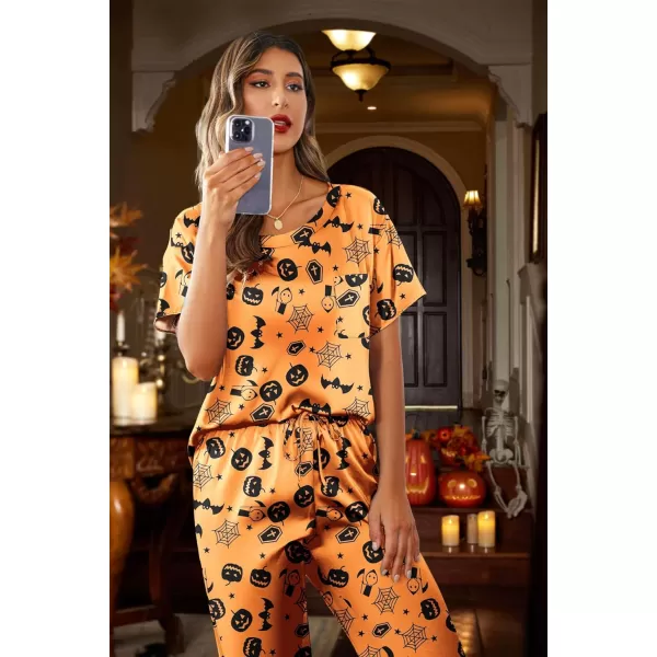 Ekouaer Womens Satin Silky Pajama Set Short Sleeve Shirt with Long Pajama Pant Set Soft PJ LoungewearHalloween