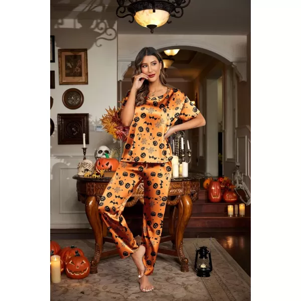 Ekouaer Womens Satin Silky Pajama Set Short Sleeve Shirt with Long Pajama Pant Set Soft PJ LoungewearHalloween