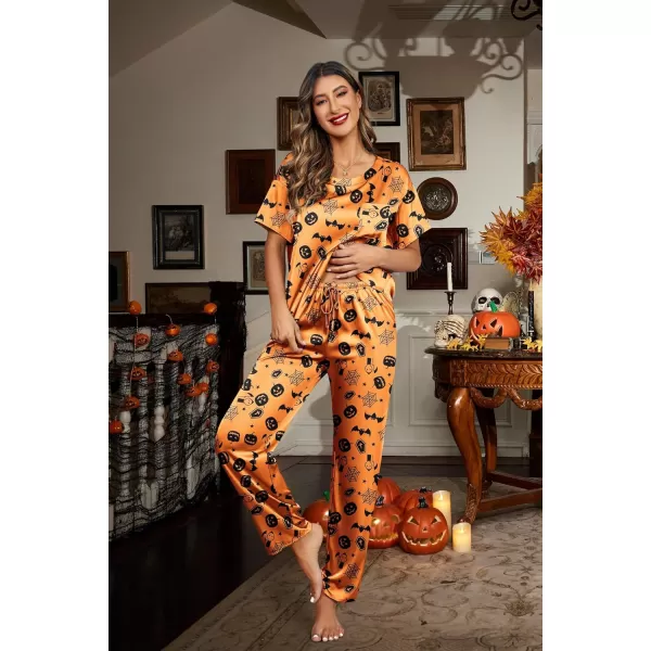 Ekouaer Womens Satin Silky Pajama Set Short Sleeve Shirt with Long Pajama Pant Set Soft PJ LoungewearHalloween