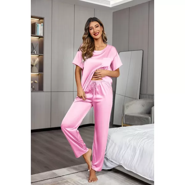 Ekouaer Womens Satin Silky Pajama Set Short Sleeve Shirt with Long Pajama Pant Set Soft PJ LoungewearHot Pink