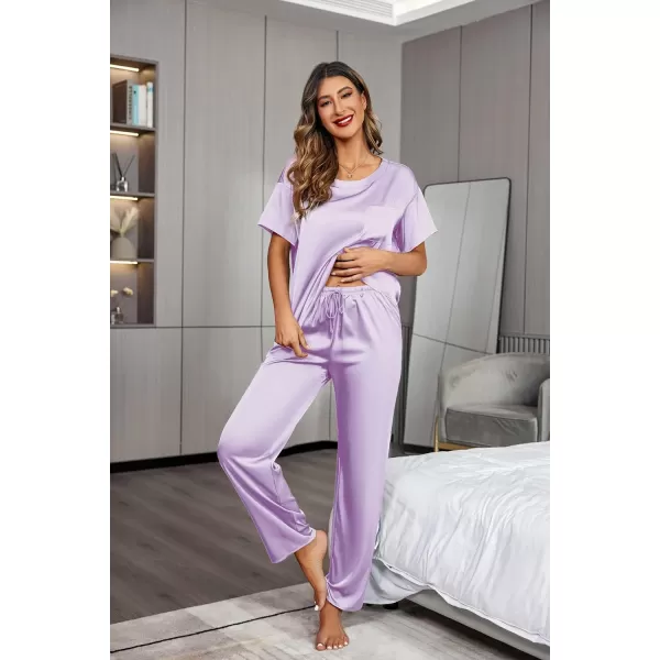 Ekouaer Womens Satin Silky Pajama Set Short Sleeve Shirt with Long Pajama Pant Set Soft PJ LoungewearLavender