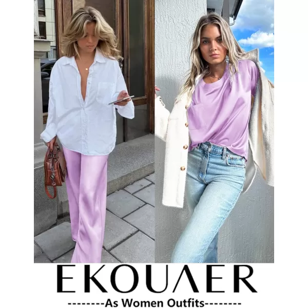 Ekouaer Womens Satin Silky Pajama Set Short Sleeve Shirt with Long Pajama Pant Set Soft PJ LoungewearLavender