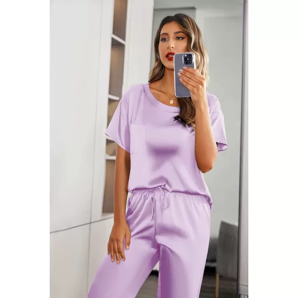 Ekouaer Womens Satin Silky Pajama Set Short Sleeve Shirt with Long Pajama Pant Set Soft PJ LoungewearLavender