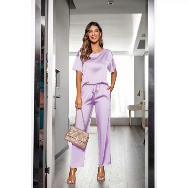 Ekouaer Womens Satin Silky Pajama Set Short Sleeve Shirt with Long Pajama Pant Set Soft PJ LoungewearLavender