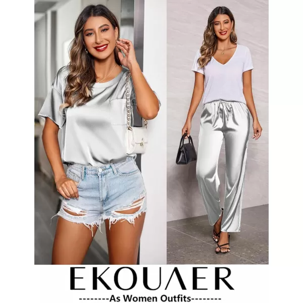 Ekouaer Womens Satin Silky Pajama Set Short Sleeve Shirt with Long Pajama Pant Set Soft PJ LoungewearLight Grey