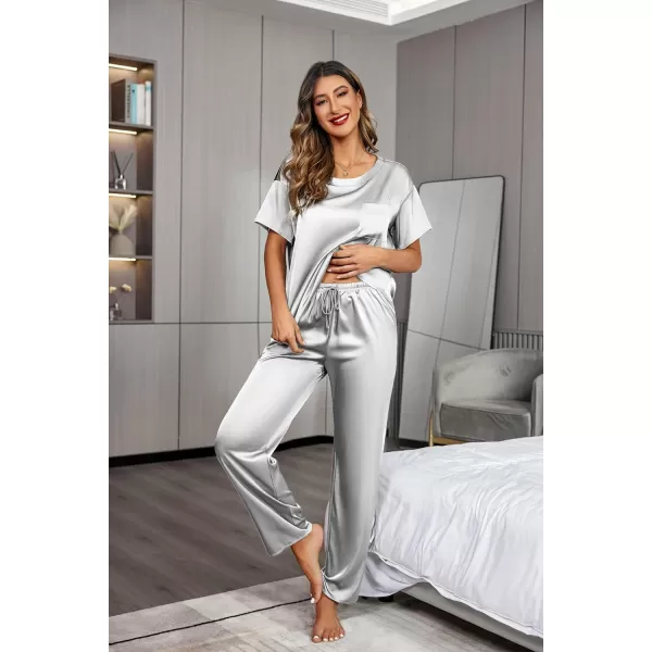 Ekouaer Womens Satin Silky Pajama Set Short Sleeve Shirt with Long Pajama Pant Set Soft PJ LoungewearLight Grey