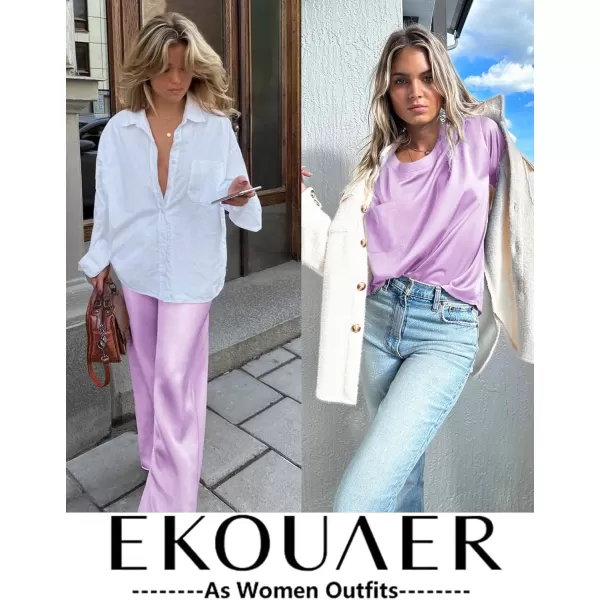 Ekouaer Womens Satin Silky Pajama Set Short Sleeve Shirt with Long Pajama Pant Set Soft PJ LoungewearLilac