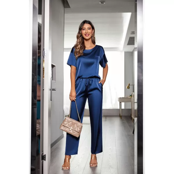 Ekouaer Womens Satin Silky Pajama Set Short Sleeve Shirt with Long Pajama Pant Set Soft PJ LoungewearNavy Blue