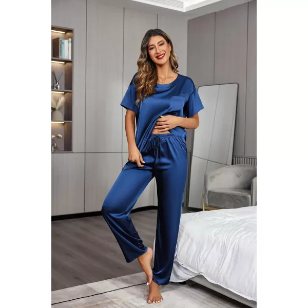 Ekouaer Womens Satin Silky Pajama Set Short Sleeve Shirt with Long Pajama Pant Set Soft PJ LoungewearNavy Blue