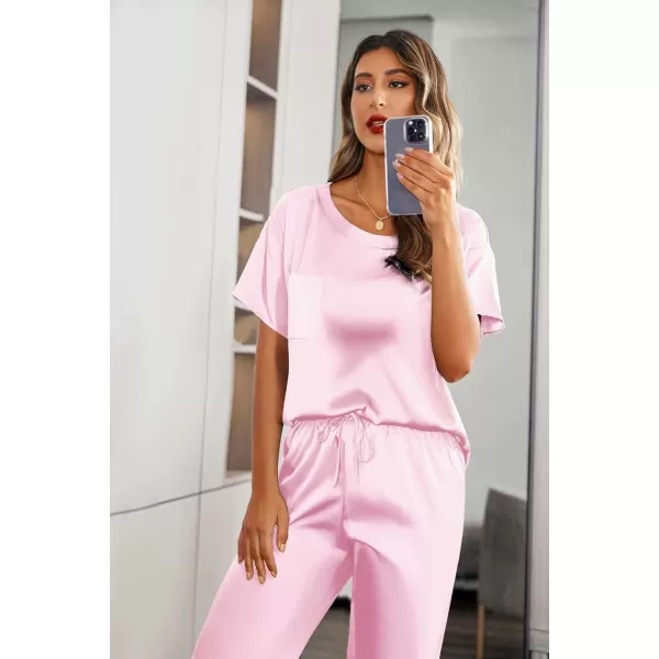 Ekouaer Womens Satin Silky Pajama Set Short Sleeve Shirt with Long Pajama Pant Set Soft PJ LoungewearPink
