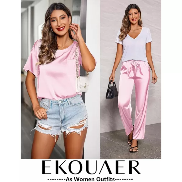 Ekouaer Womens Satin Silky Pajama Set Short Sleeve Shirt with Long Pajama Pant Set Soft PJ LoungewearPink