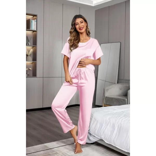 Ekouaer Womens Satin Silky Pajama Set Short Sleeve Shirt with Long Pajama Pant Set Soft PJ LoungewearPink