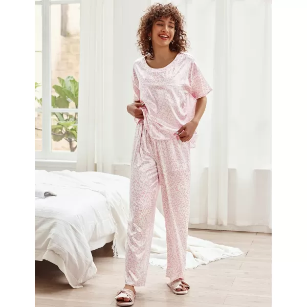 Ekouaer Womens Satin Silky Pajama Set Short Sleeve Shirt with Long Pajama Pant Set Soft PJ LoungewearPink Leopard Print